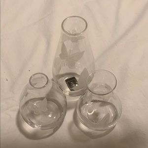 MIKASA 3 glass vase set with butterfly design. 3 different shapes. New.